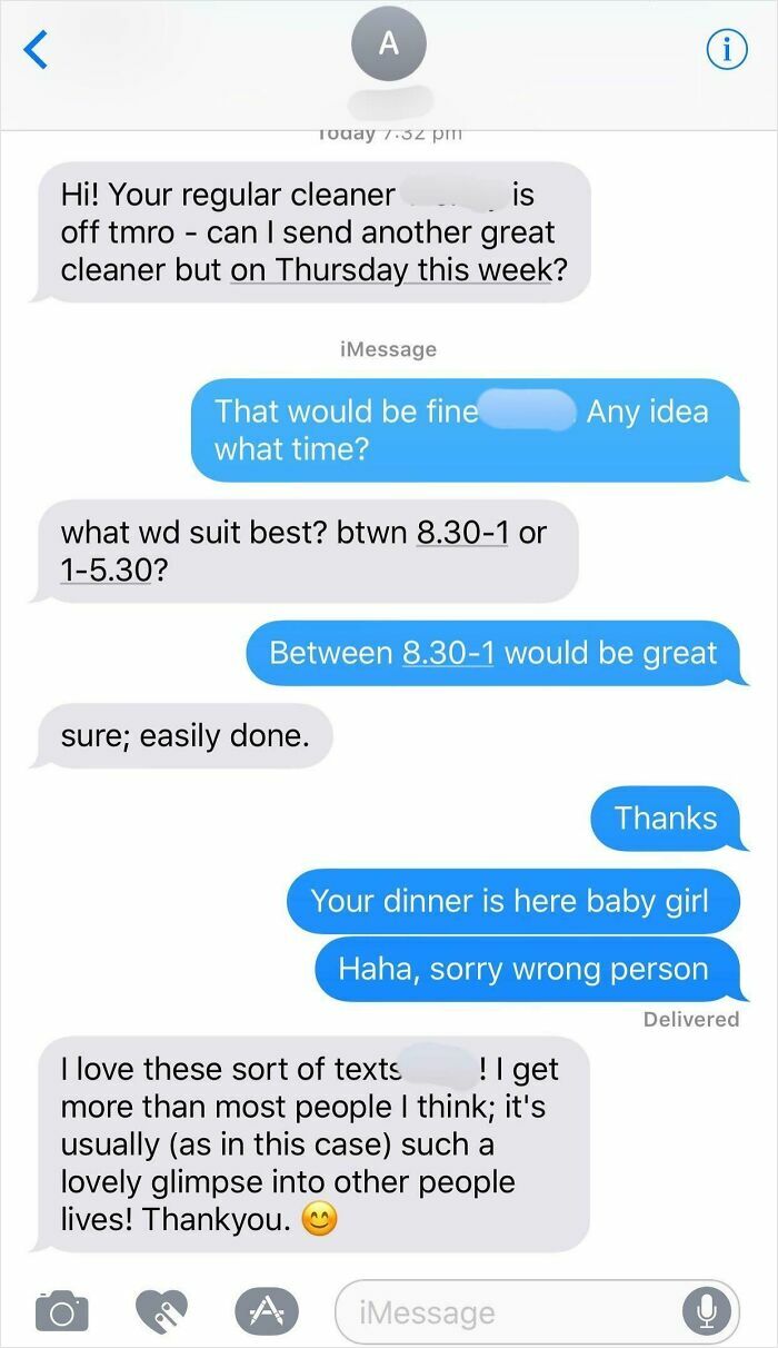 Funny text mix-up with a cleaning appointment and mistaken identity
