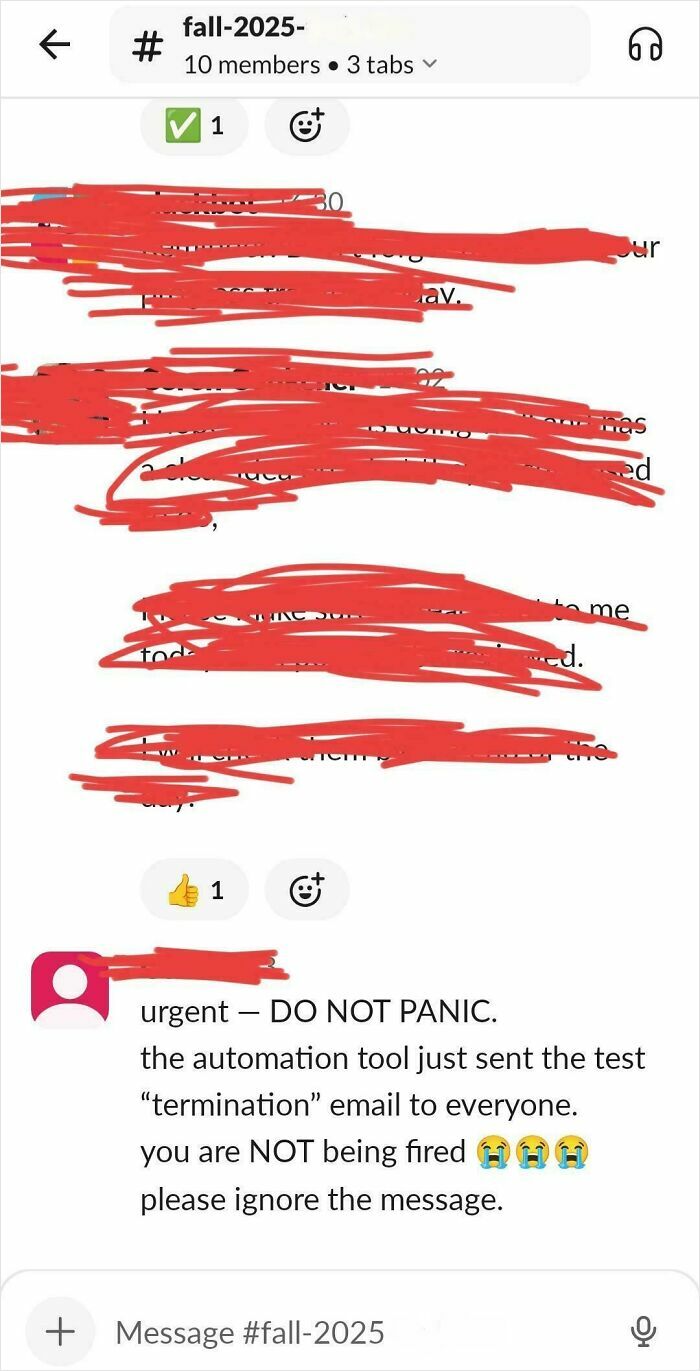 Awkward work text about false termination email causing panic in group chat