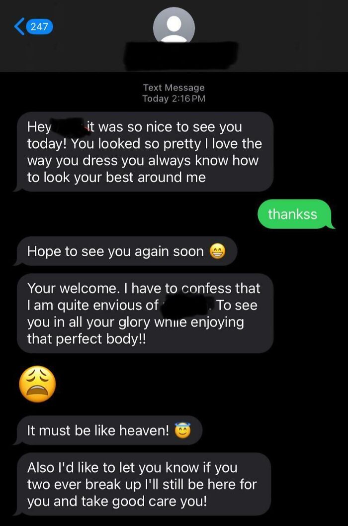 Awkward flirty text where sender confesses envy and offers support