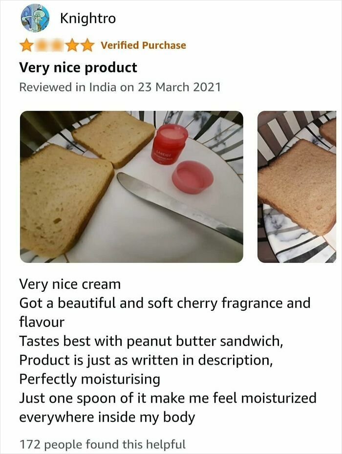 A funny online review for a product mistakenly used as a spread on bread, describing it as a very nice cream.