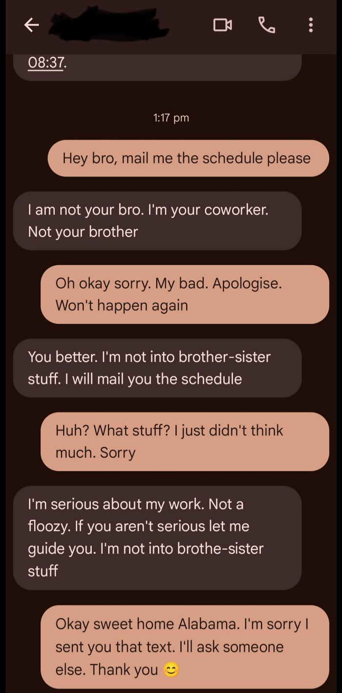 Awkward coworker text where one corrects the other about being 'bro'