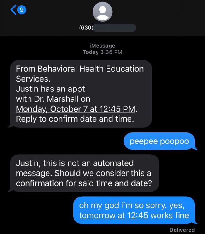 Funny text reply to a serious appointment confirmation message