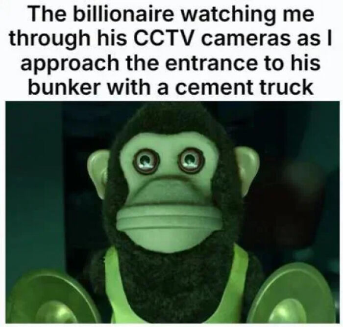 A monkey with cymbals meme, representing the chaotic good idea of approaching a bunker with a cement truck.