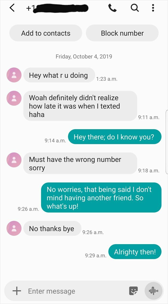 Awkward wrong number text conversation with an attempt to make a new friend