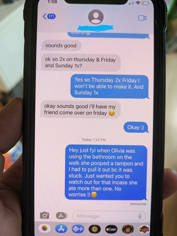Hilarious text message about a tampon mishap while using the bathroom