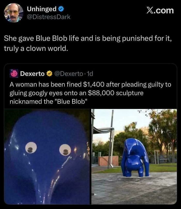 A Twitter post showing a blue blob sculpture with googly eyes and the original sculpture. Funny, unpredictable sentences.