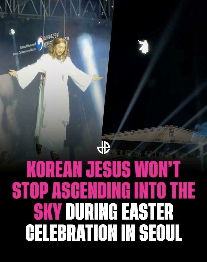 A split image of a person dressed as Jesus ascending into the sky during an Easter celebration. Funny, unpredictable sentences.