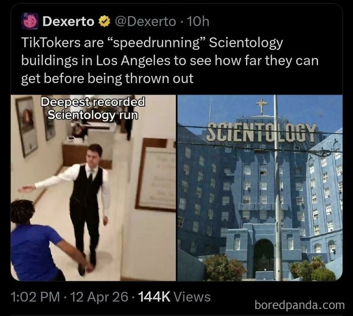 A split image depicting people speedrunning through a Scientology building and the exterior of a Scientology building. Funny, unpredictable sentences.