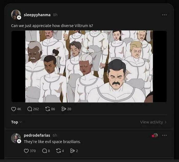 A screenshot of a funny sentence from Reddit about the diverse Viltrumites from Invincible, calling them evil space Brazilians.