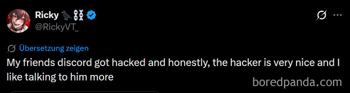A screenshot of a funny sentence from Twitter about a friend's Discord getting hacked, part of a collection of unpredictable sentences.