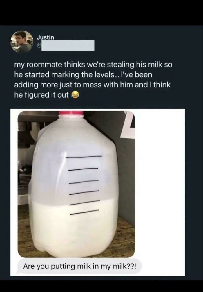 A funny screenshot of a roommate dispute over milk levels, with unpredictable sentences.