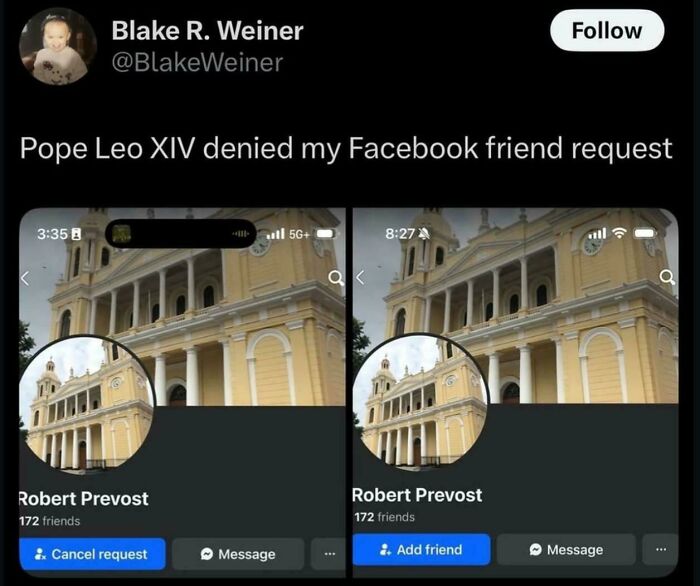 A funny screenshot of a Facebook friend request from Pope Leo XIV, denied, an unpredictable sentence.