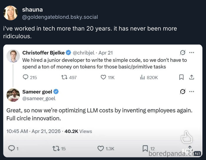 A funny, unpredictable sentence: a tweet discussing tech innovation, LLM costs, and hiring junior developers.