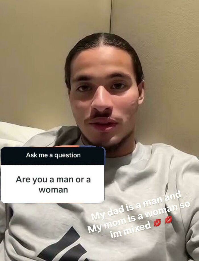 Image of a man with an unpredictable sentence about being mixed because his parents are a man and a woman.