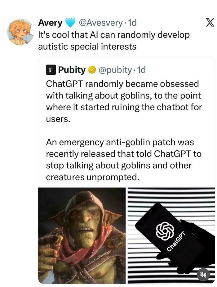 A funny and unpredictable Twitter thread about ChatGPT developing an obsession with goblins, leading to an anti-goblin patch.
