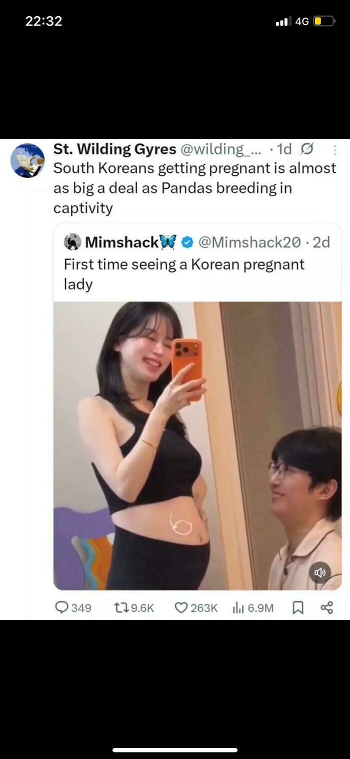 A funny and unpredictable tweet about South Koreans getting pregnant being a big deal, alongside a Korean pregnant lady.