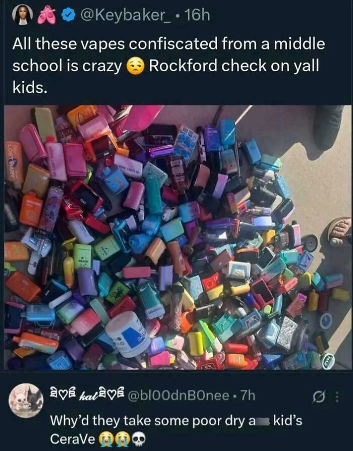 A large pile of colorful confiscated vapes from a middle school, demonstrating funny and unpredictable sentences.