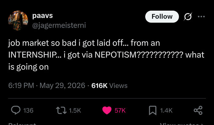 A tweet from paavs discussing being laid off from an internship obtained via nepotism, showcasing funny and unpredictable sentences.