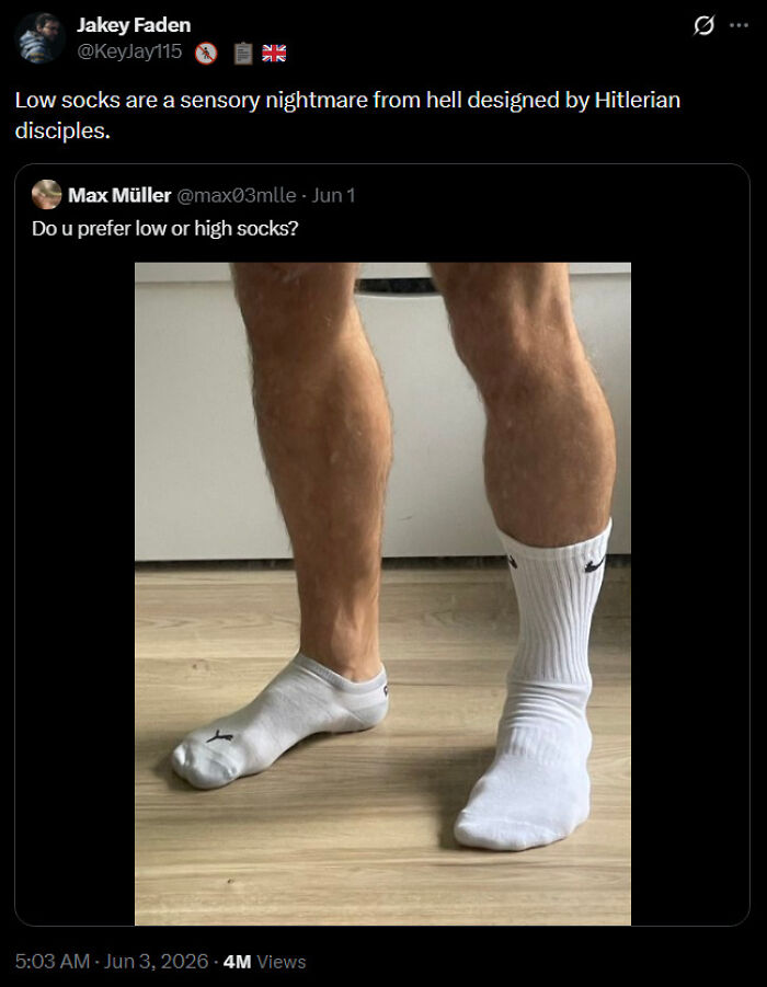 Funny and unpredictable sentences: A tweet by Jakey Faden about low socks being a sensory nightmare, responding to a question about sock preference.