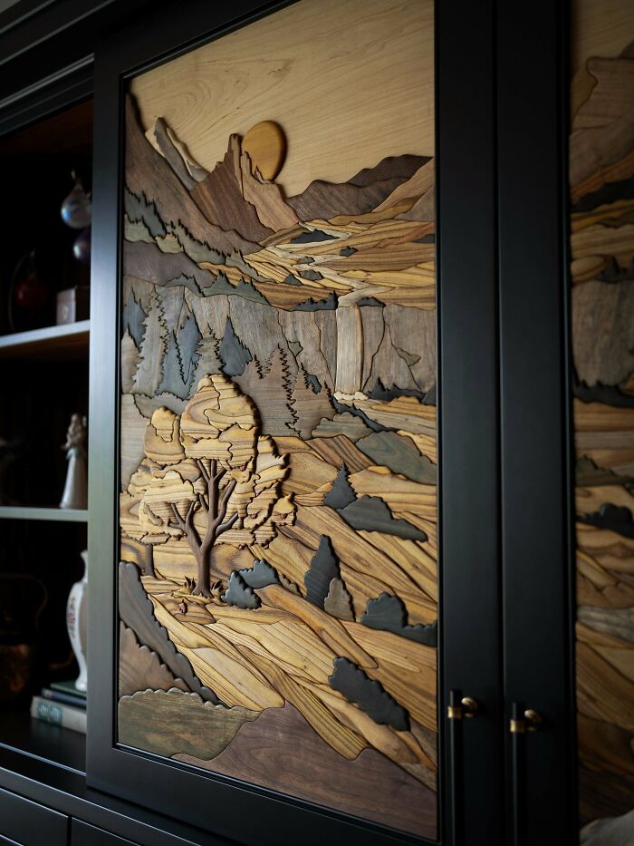 I Made These Intarsia Panels For A Custom Entertainment Center Out Of 19 Species Of Unstained Wood