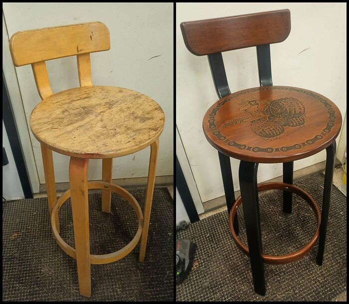 Before and after images of a wooden stool transformed after being found through dumpster diving.