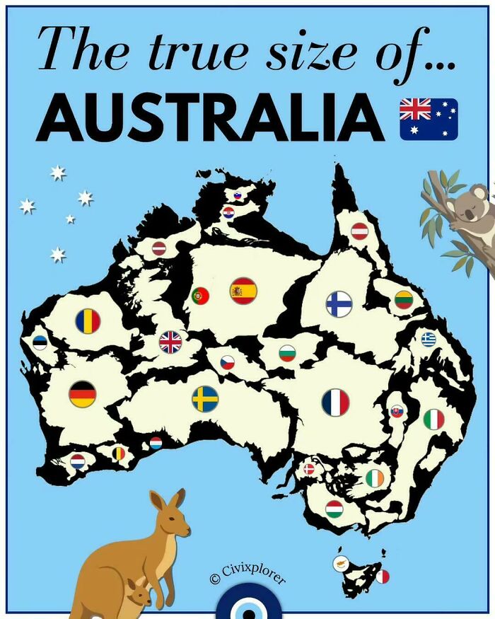 An interesting map showing the true size of Australia compared to other countries