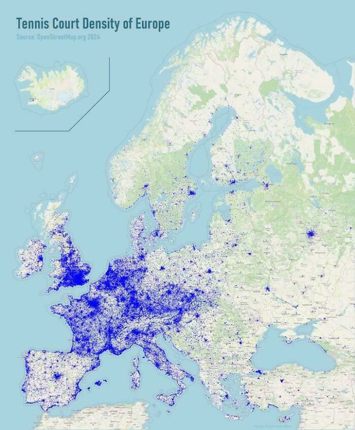 An interesting map showcasing tennis court density across Europe