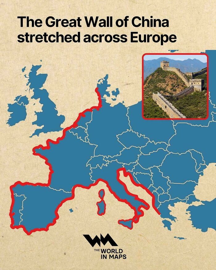 An interesting map comparing the Great Wall of China length stretched across Europe