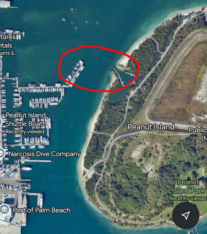 Dangerous things: A satellite map showing a boat in a precarious position near Peanut Island, highlighted by a red circle.
