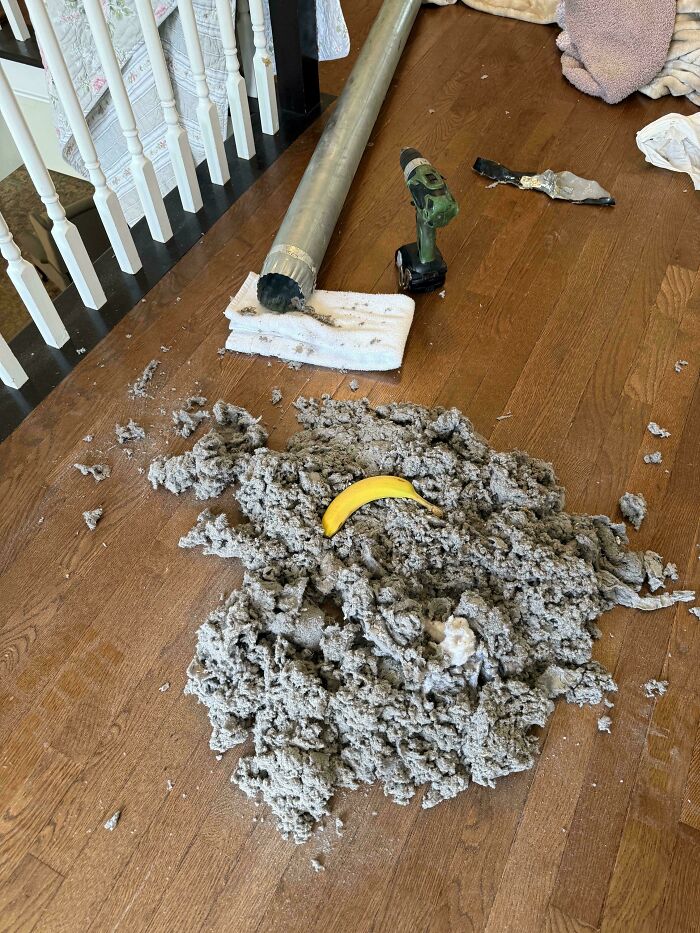 Large pile of dryer lint on a wooden floor with a banana for scale, showing dangerous things.