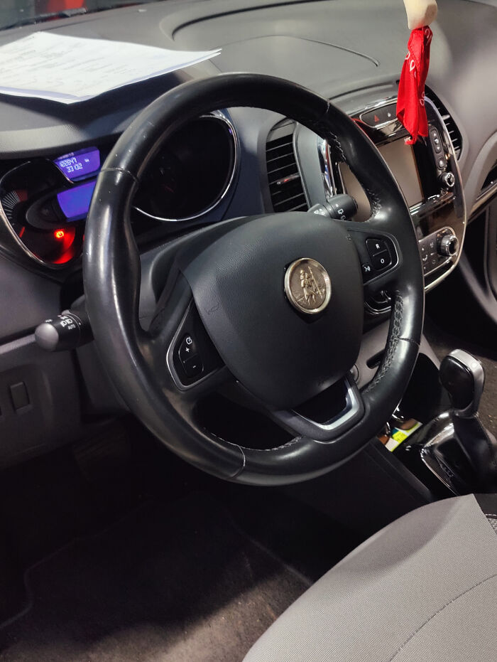 A car interior with a custom medallion on the steering wheel, an unnecessary thing people did.