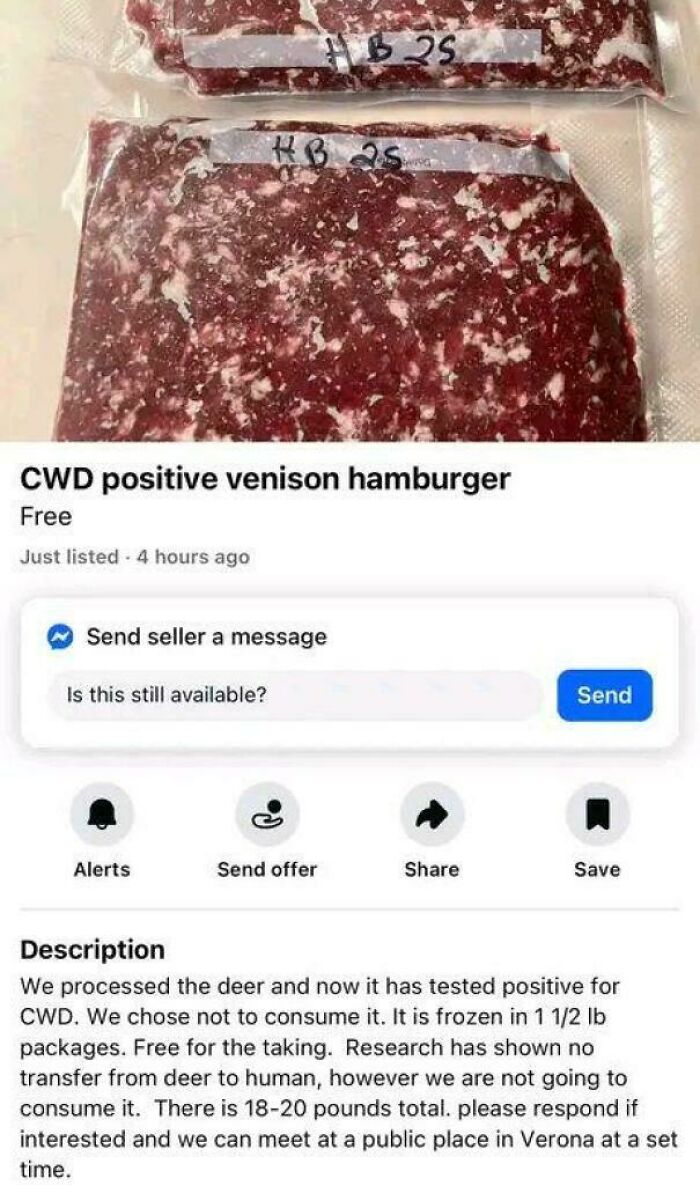 A marketplace listing offers free CWD positive venison hamburger, highlighting dangerous things people did.
