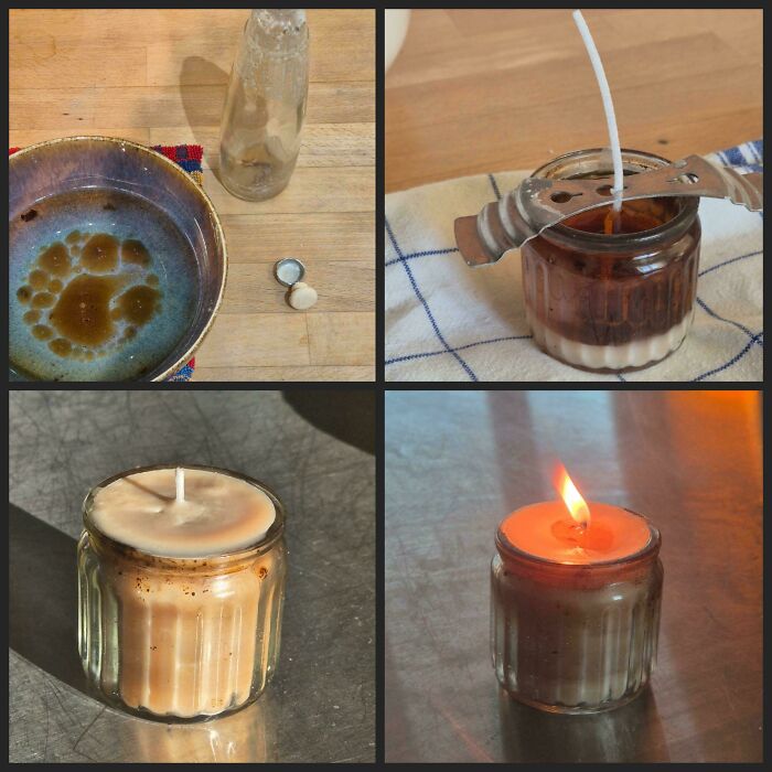 A four-panel image showing the process of making a candle from used oil, one of many dangerous things people did.
