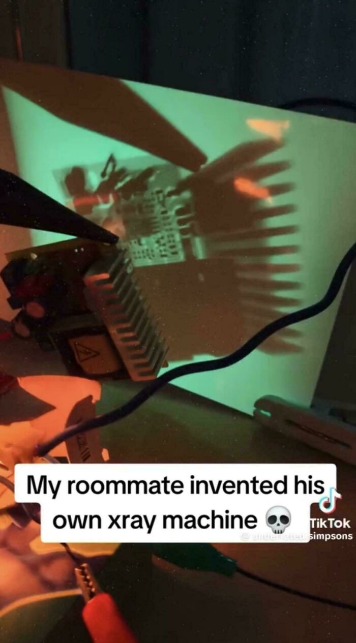 A homemade xray machine creating a shadow image of a circuit board, a potentially dangerous and unnecessary invention.