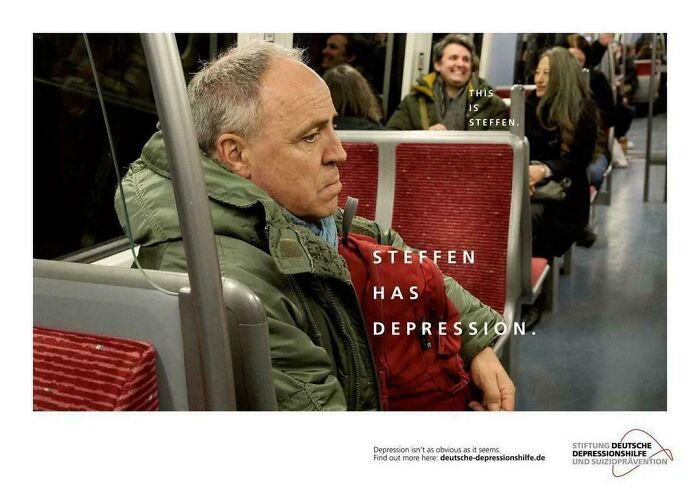 Fascinating pics of Steffen with depression on a train, highlighting mental health awareness for a brain boost.