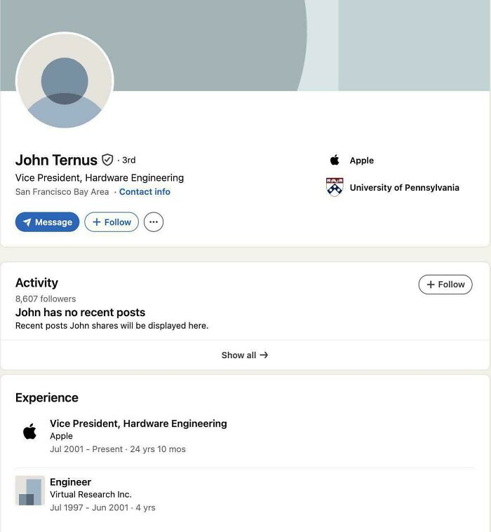 Fascinating pics of John Ternus, VP Hardware Engineering at Apple, with his LinkedIn profile for a brain boost.