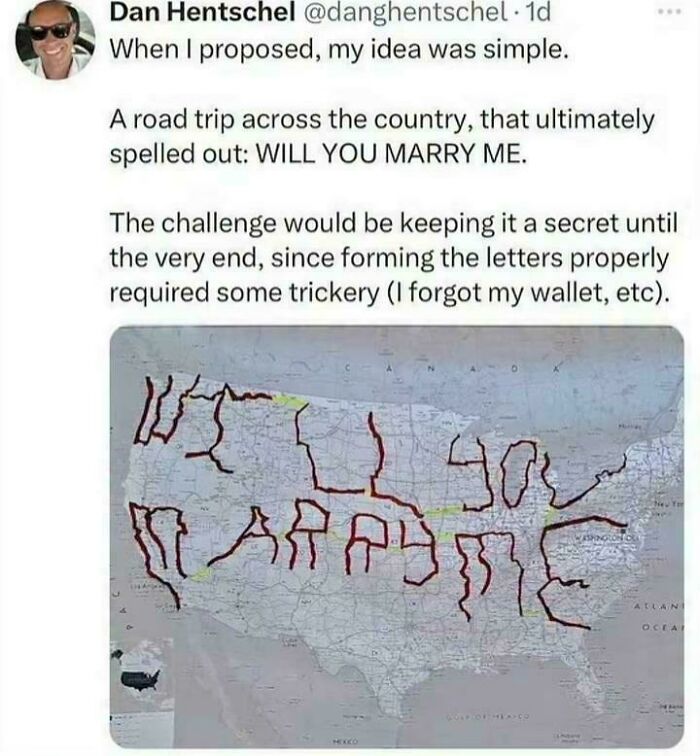 A map of the US with a road trip proposal for a brain boost fact, spelling out WILL YOU MARRY ME.