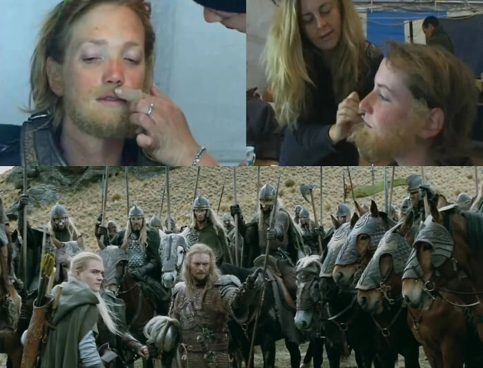 Behind the scenes of Lord of the Rings makeup, showing actors getting prosthetics for a brain boost fact.