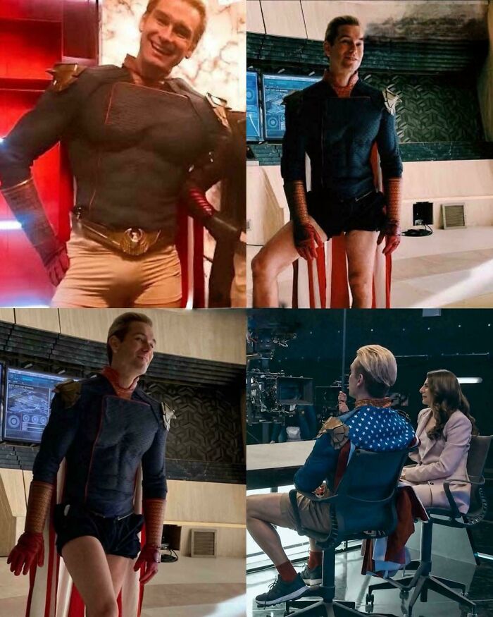 Collage showing an actor in a superhero costume, revealing the full outfit and parts without pants, for a brain boost.