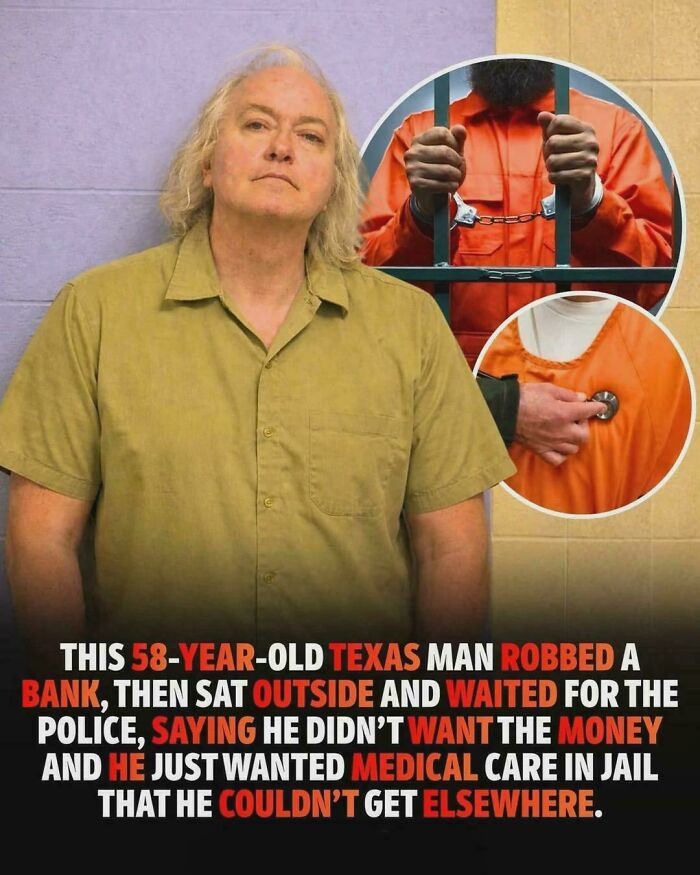 A fascinating pic showing a man in an olive shirt with an inset of another man in an orange jumpsuit, a quick fact.