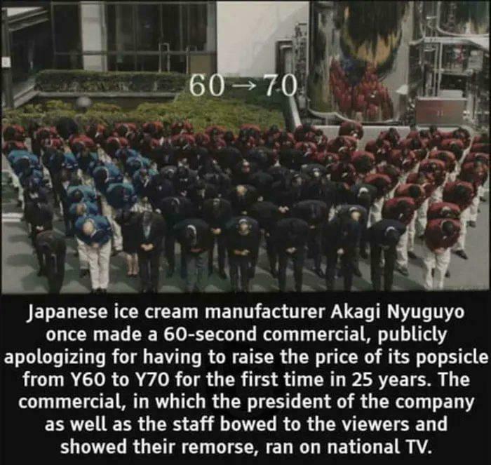 A fascinating pic showing Japanese ice cream company employees bowing as a quick fact about their price increase.