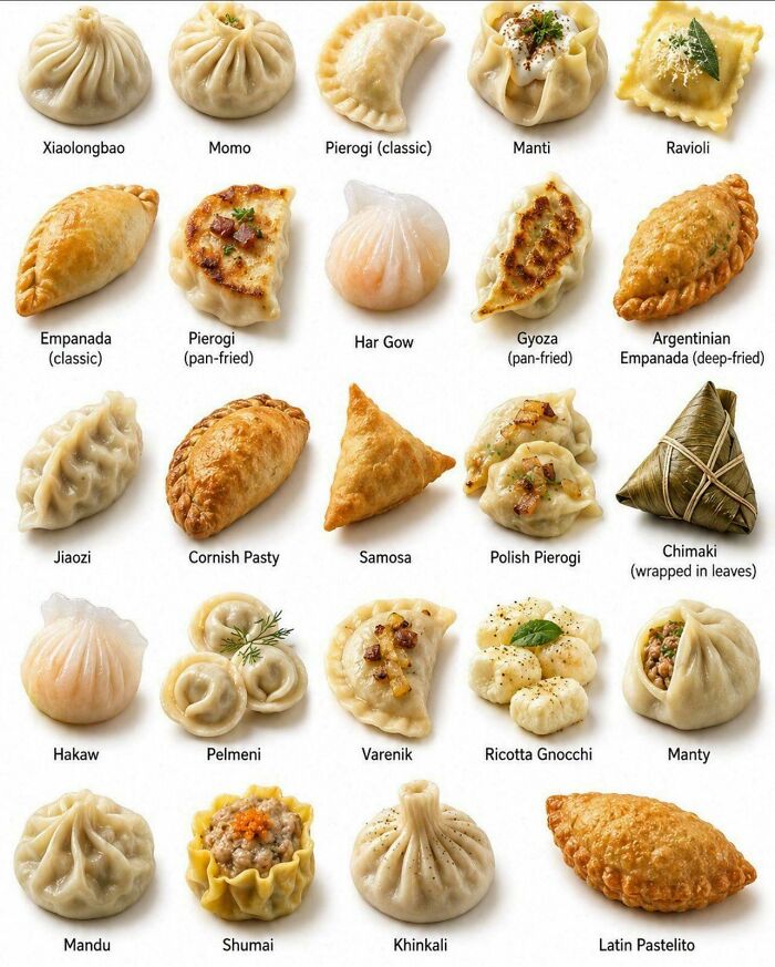 A collage of various delicious dumplings from around the world, perfect for a quick facts brain boost.