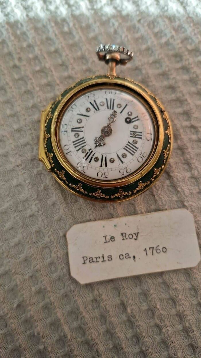 A remarkable antique pocket watch, Le Roy Paris ca. 1760, with an emerald green and gold casing.