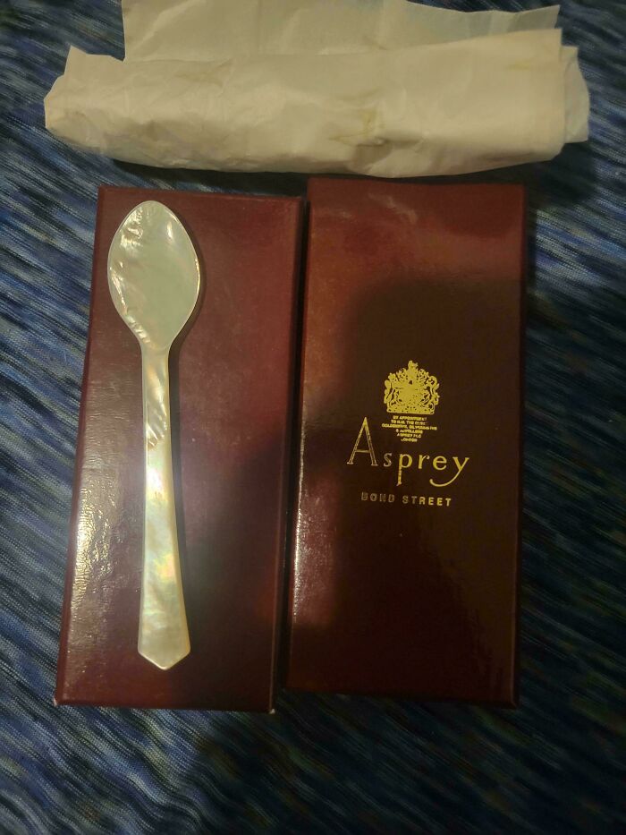 A remarkable antique mother-of-pearl spoon in its original Asprey box, a special find.