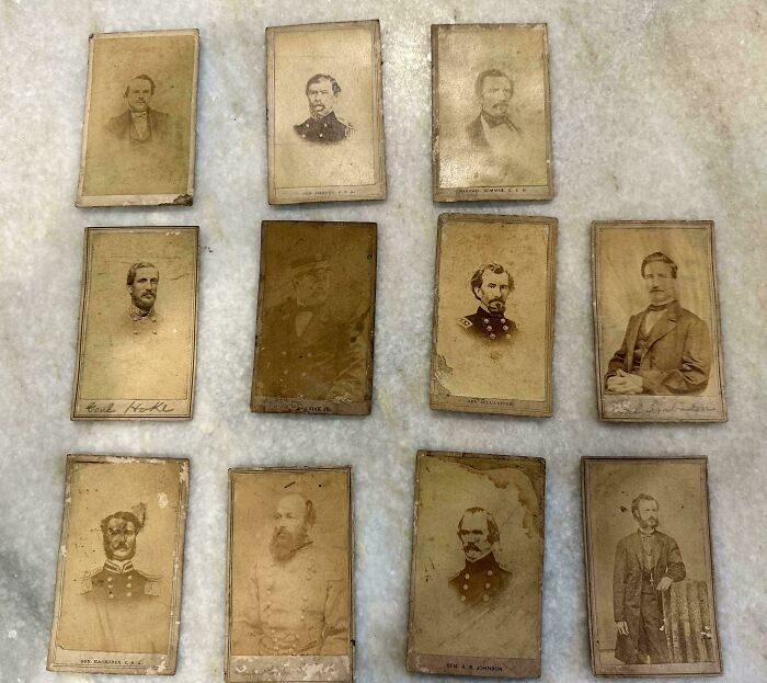 A collection of remarkable antique framed photographs of men in historical attire.