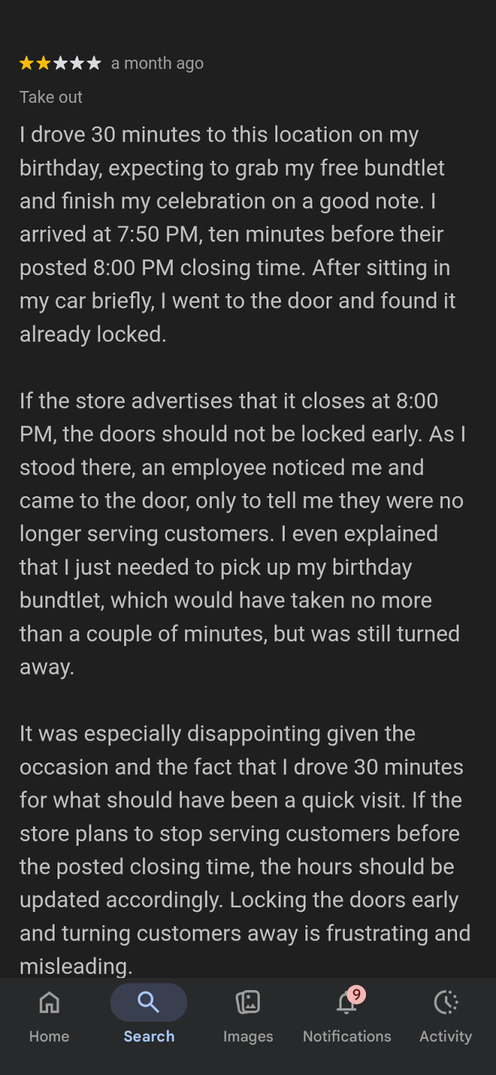 A social media post of a negative review about a store closing early, where the business took entitlement to an unbelievable level and earned themselves a Karen reputation.