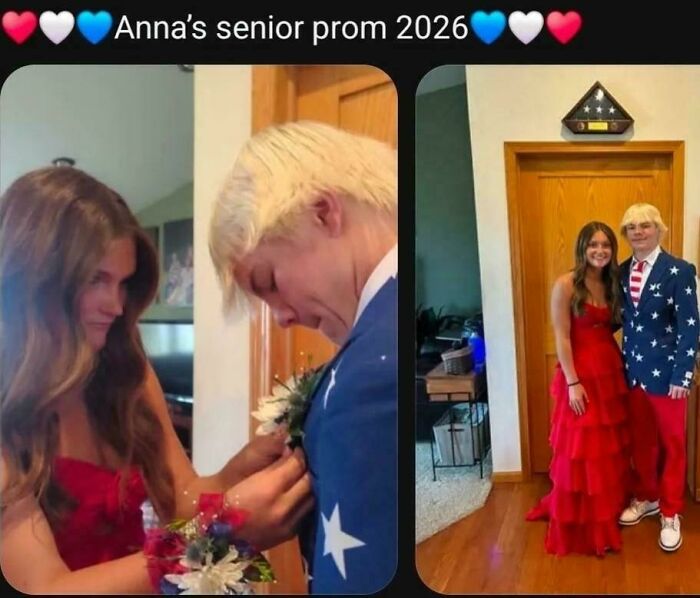 A couple having a bad hair day at prom. The boy wears an American flag suit, hair bleached blonde and spiky, going viral.