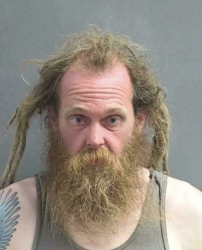 A man with a wild beard and messy dreadlocks having a bad hair day.