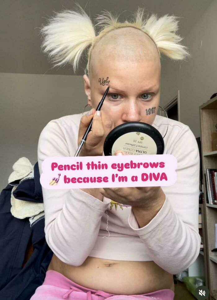 A woman with shaved head and two tiny pigtails, demonstrating a bad hair day look for a viral moment.