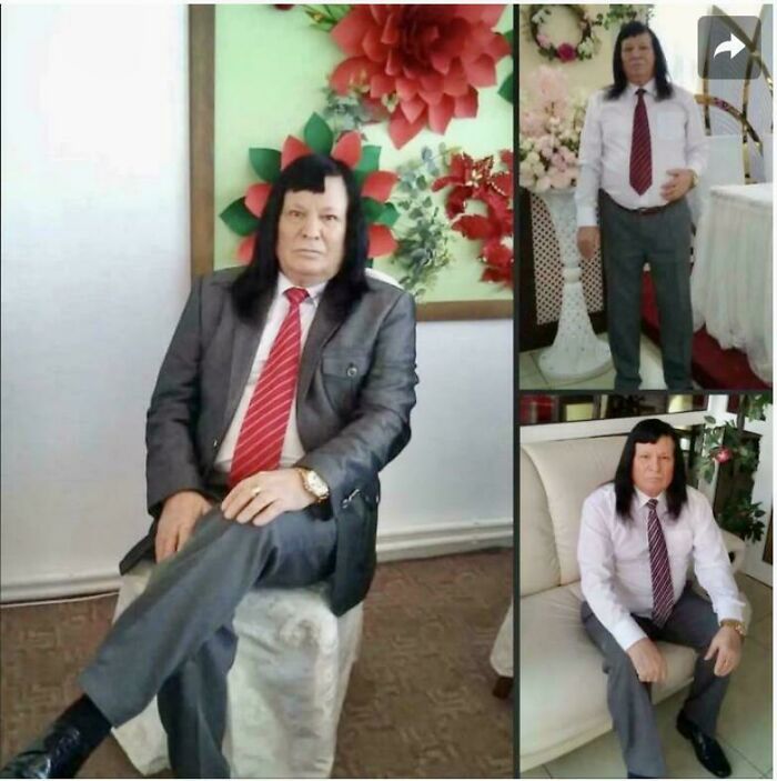 A man with a very unusual, straight black hairstyle, posing in multiple outfits, illustrating a bad hair day.